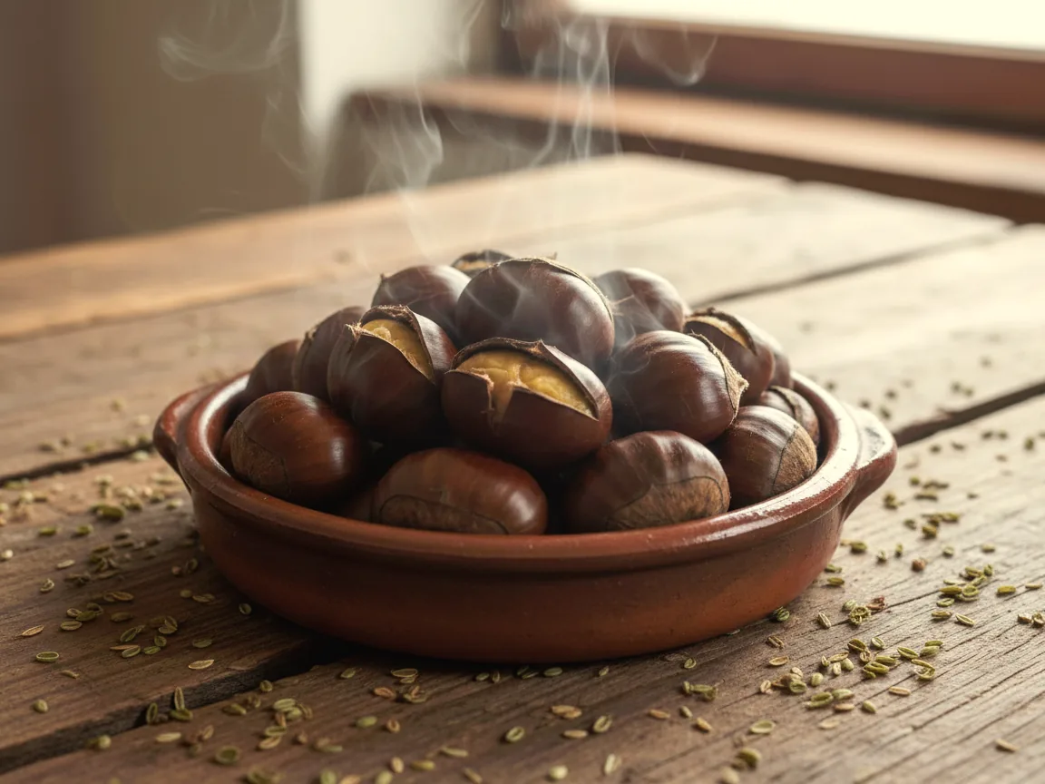 Castañas cocidas humeantes en una fuente de barro, con semillas de anís (imagen generada con IA)