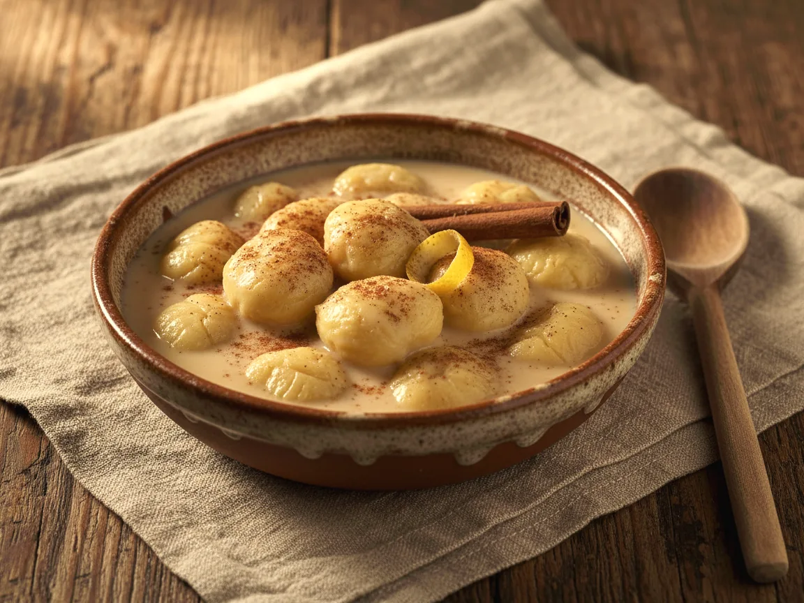 Cuenco de castañas con leche y canela, con una cuchara de madera (imagen generada con IA)