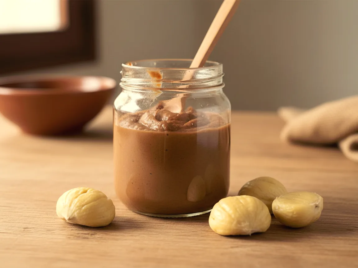 Tarro de crema de castañas con una cuchara, junto a castañas peladas (imagen generada con IA)