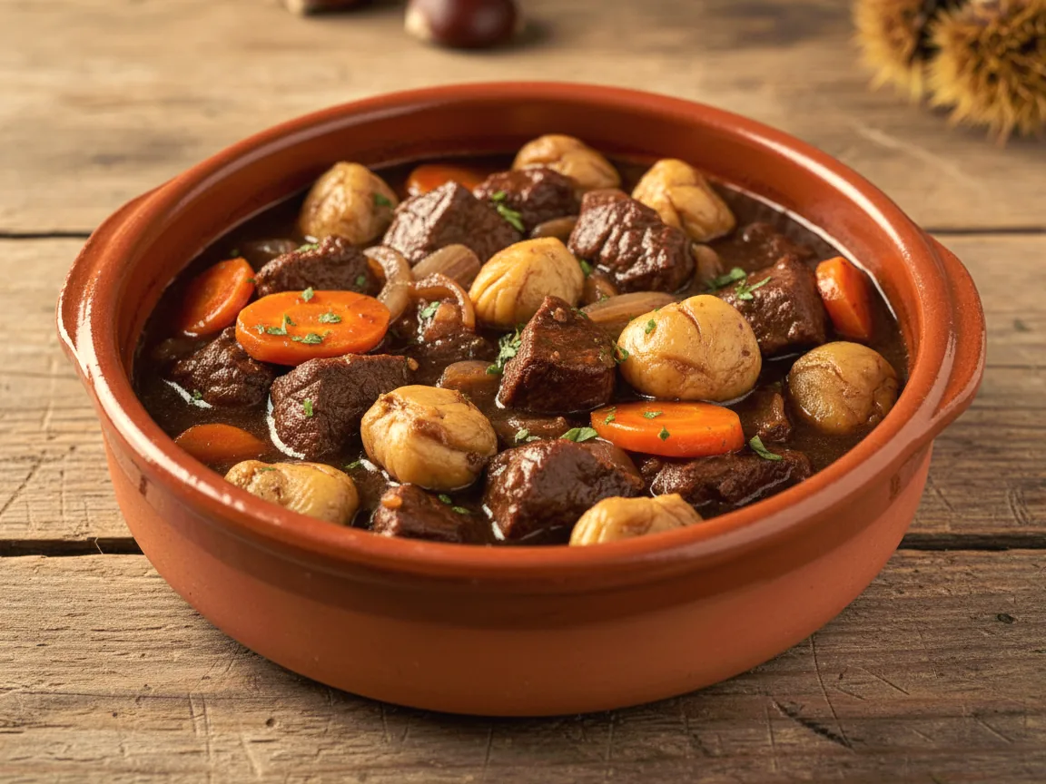 Cazuela de barro con ternera guisada y castañas (imagen generada con IA)