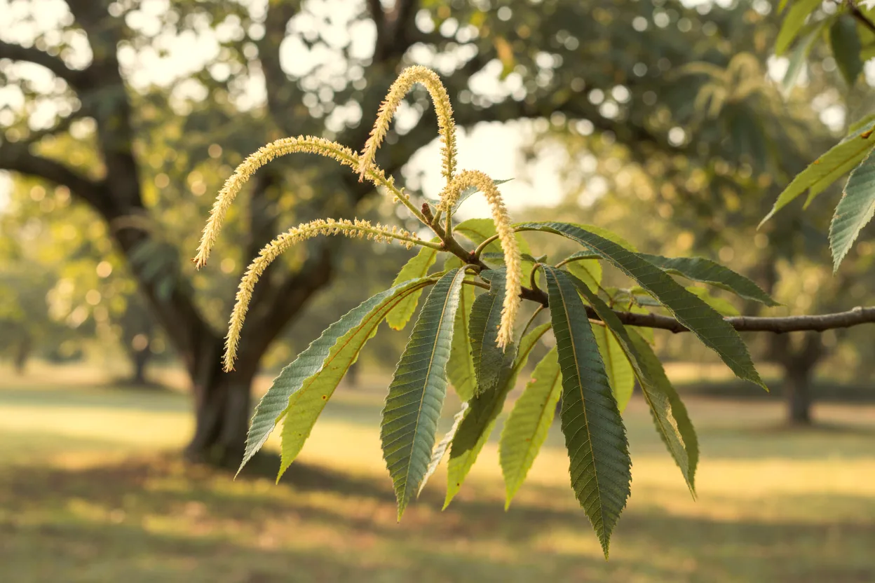 Castaños en flor a principios de verano, con los amentos amarillos entre las hojas (imagen generada con IA)